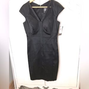 JAX Little black satin sheath dress sheer mesh detail Size 8 NWT